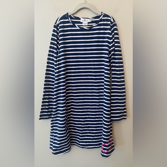 Vineyard Vines Girls Long Sleeve Navy White Stripe Dress Pink Whale Medium 10-12 - Picture 1 of 4